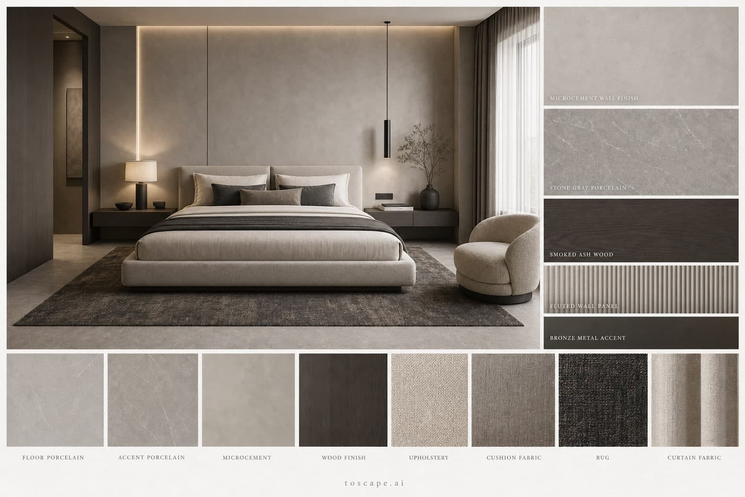 Modern Cool Neutral Bedroom — Brushed Metal interior moodboard plate