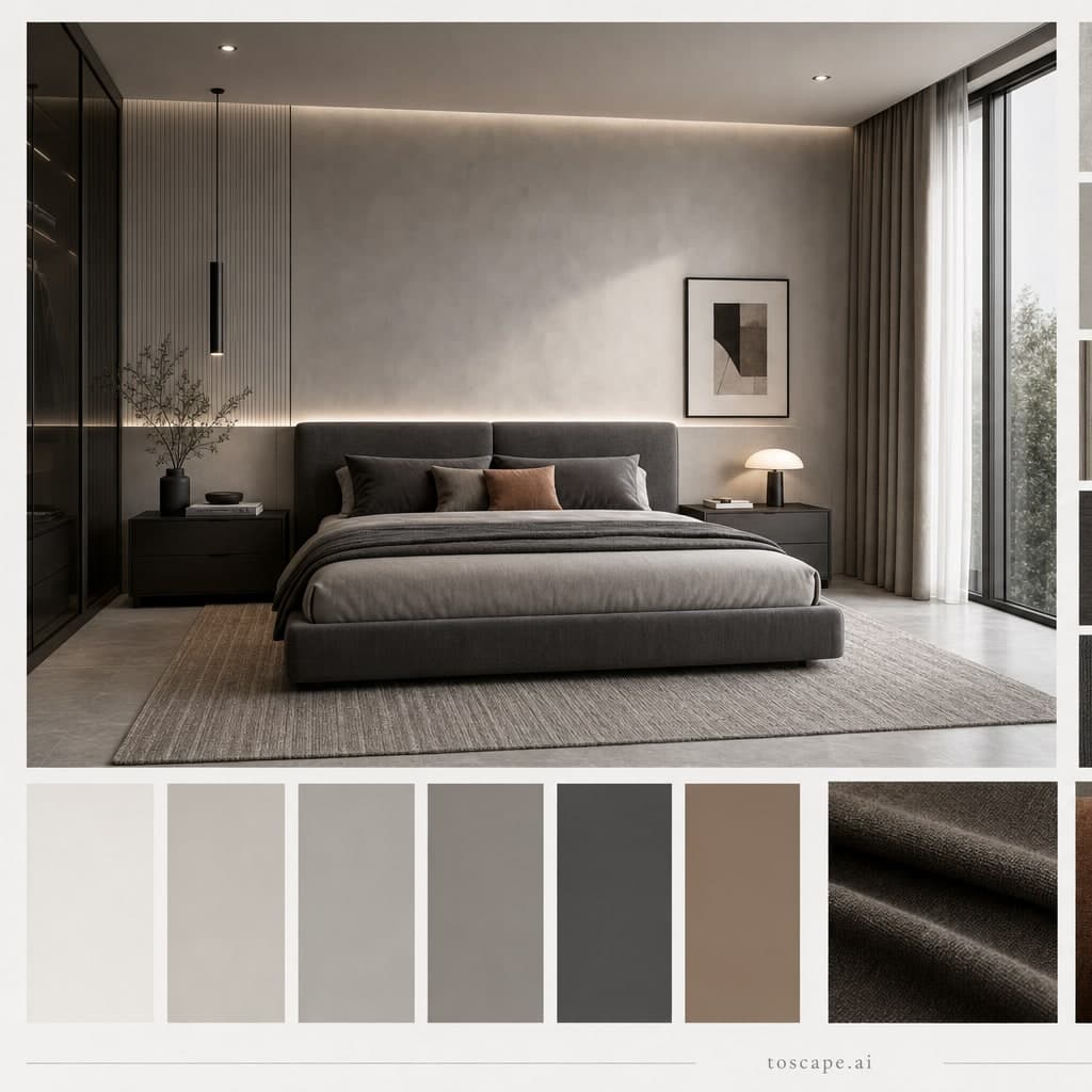 Modern Cool Neutral Bedroom — Matte interior moodboard card