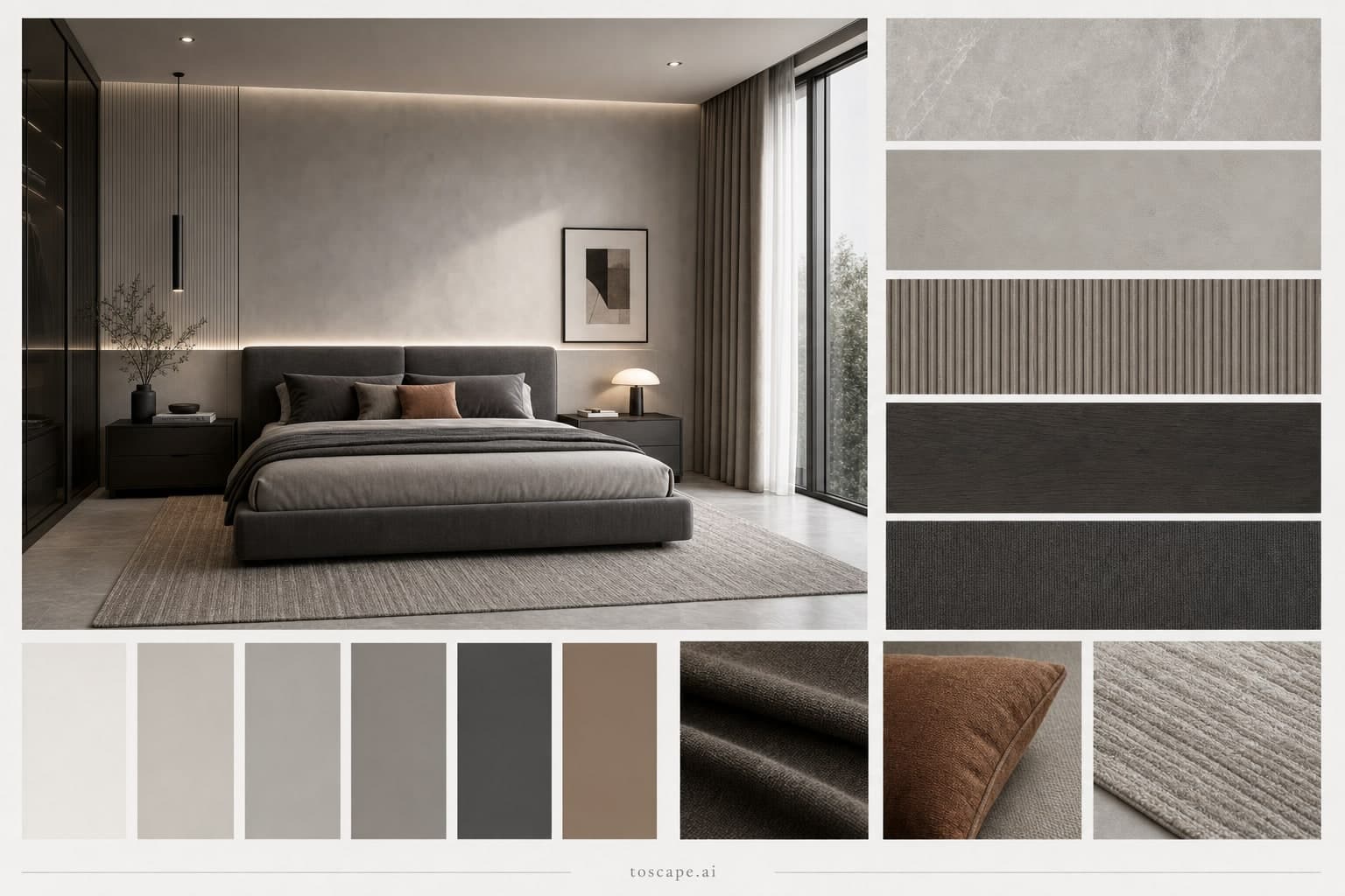 Modern Cool Neutral Bedroom — Matte interior moodboard plate
