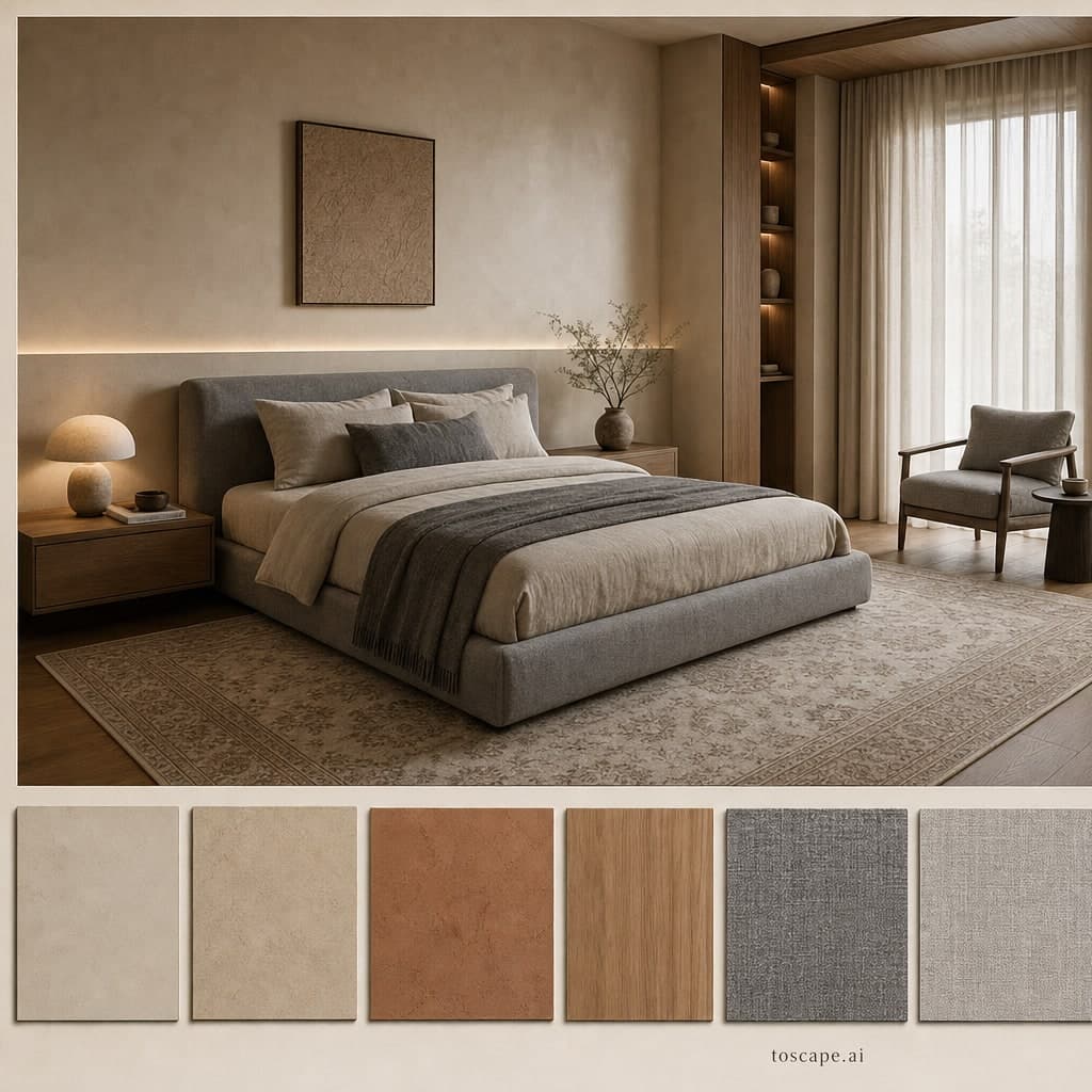 Modern Earth Organic Bedroom — Honed Stone interior moodboard card