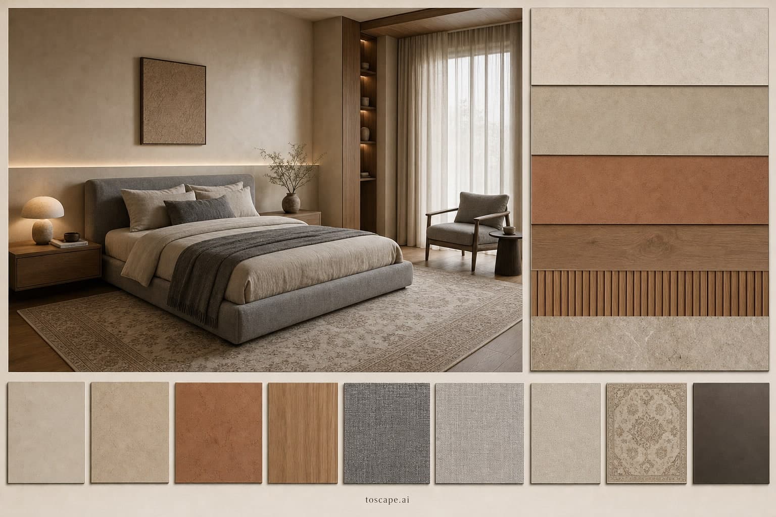Modern Earth Organic Bedroom — Honed Stone interior moodboard plate