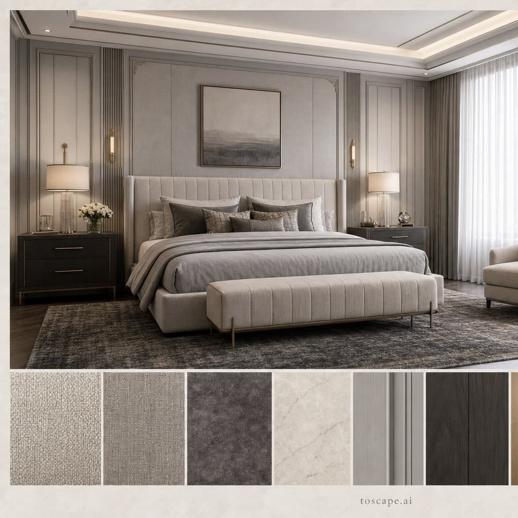Neoclassic Cool Neutral Bedroom — Honed Stone interior moodboard card
