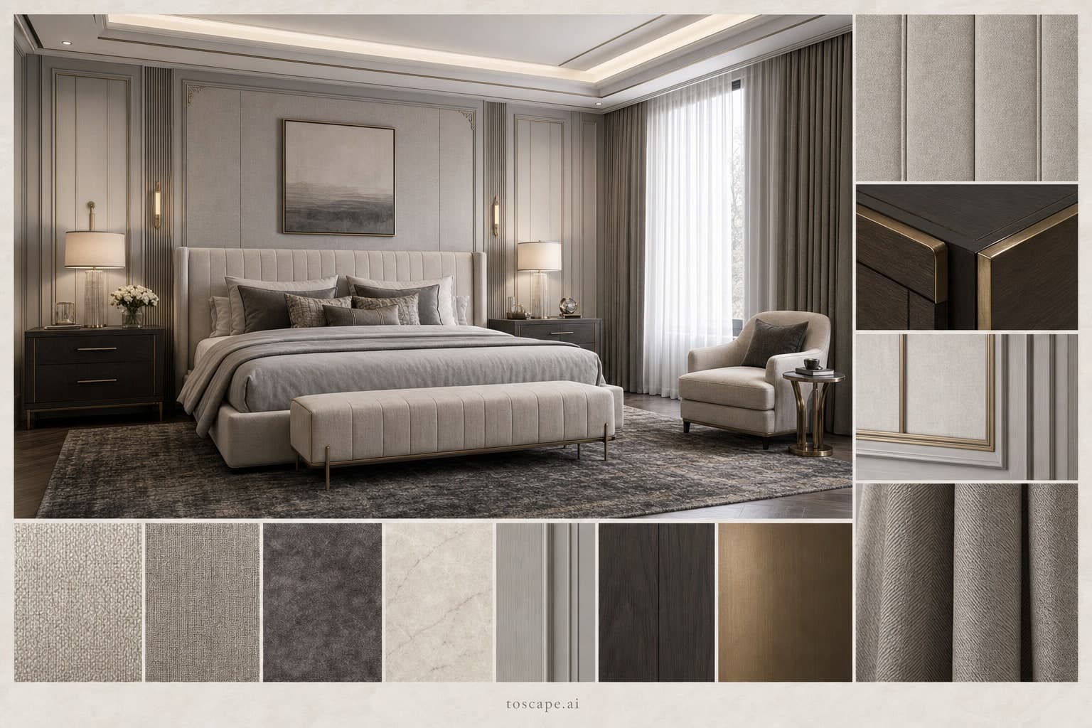 Neoclassic Cool Neutral Bedroom — Honed Stone interior moodboard plate