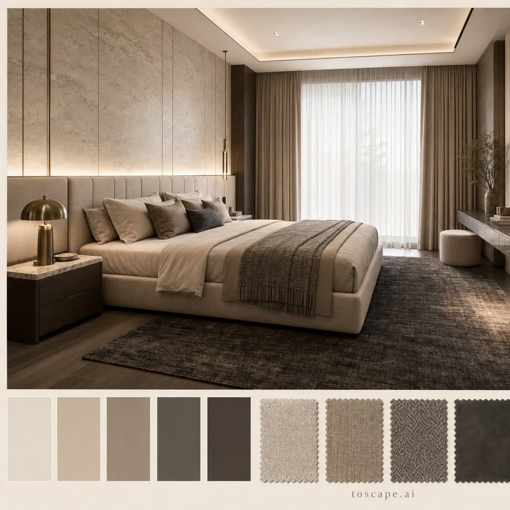 Modern Warm Neutral Bedroom — Brushed Metal interior moodboard card