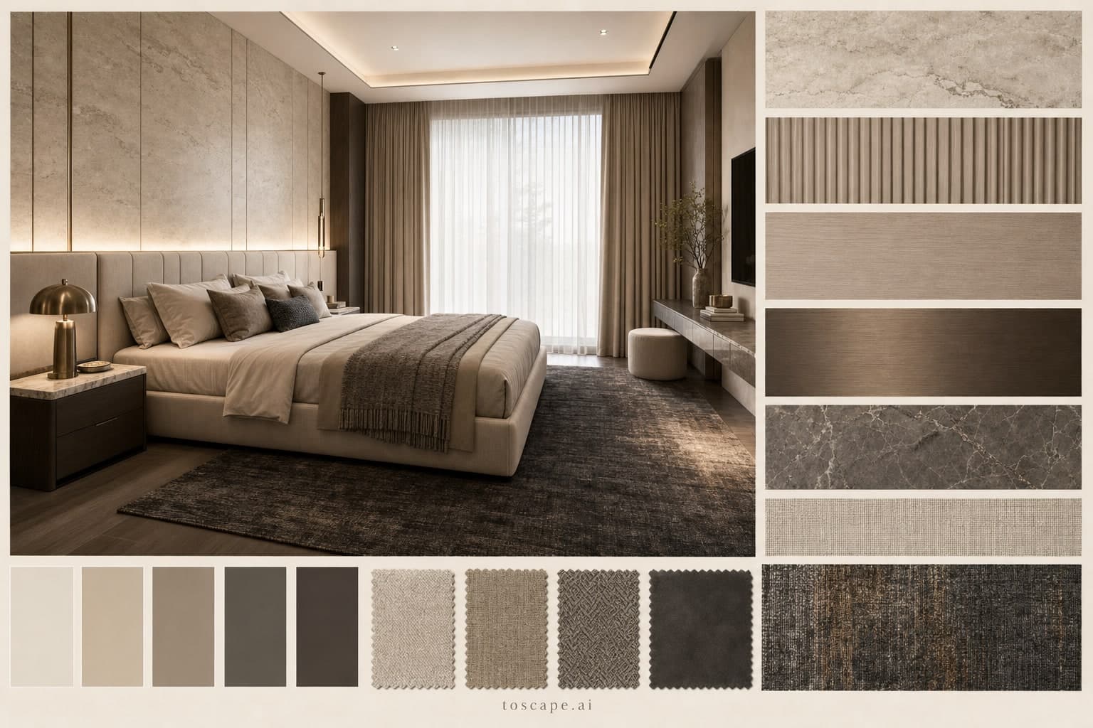 Modern Warm Neutral Bedroom — Brushed Metal interior moodboard plate