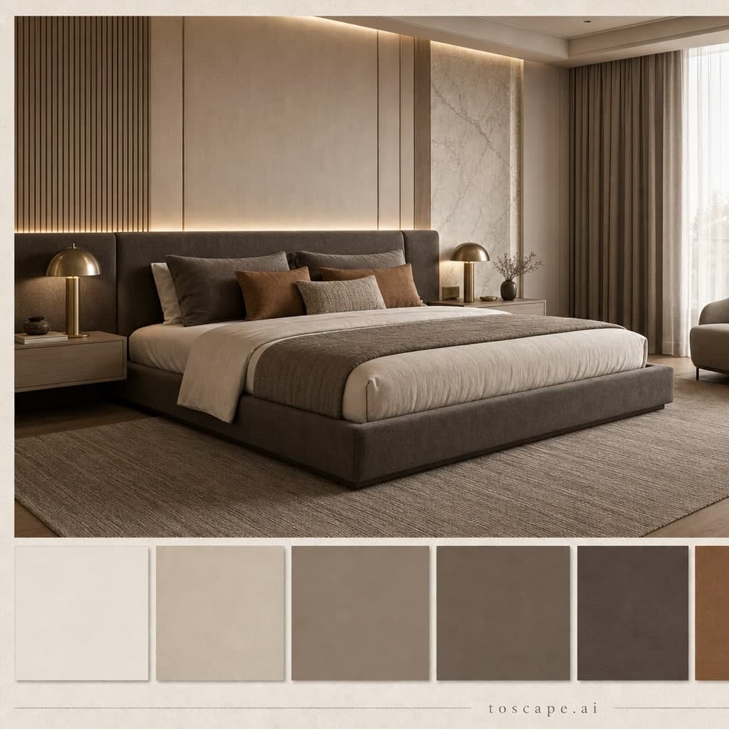 Modern Warm Neutral Bedroom — Matte interior moodboard card