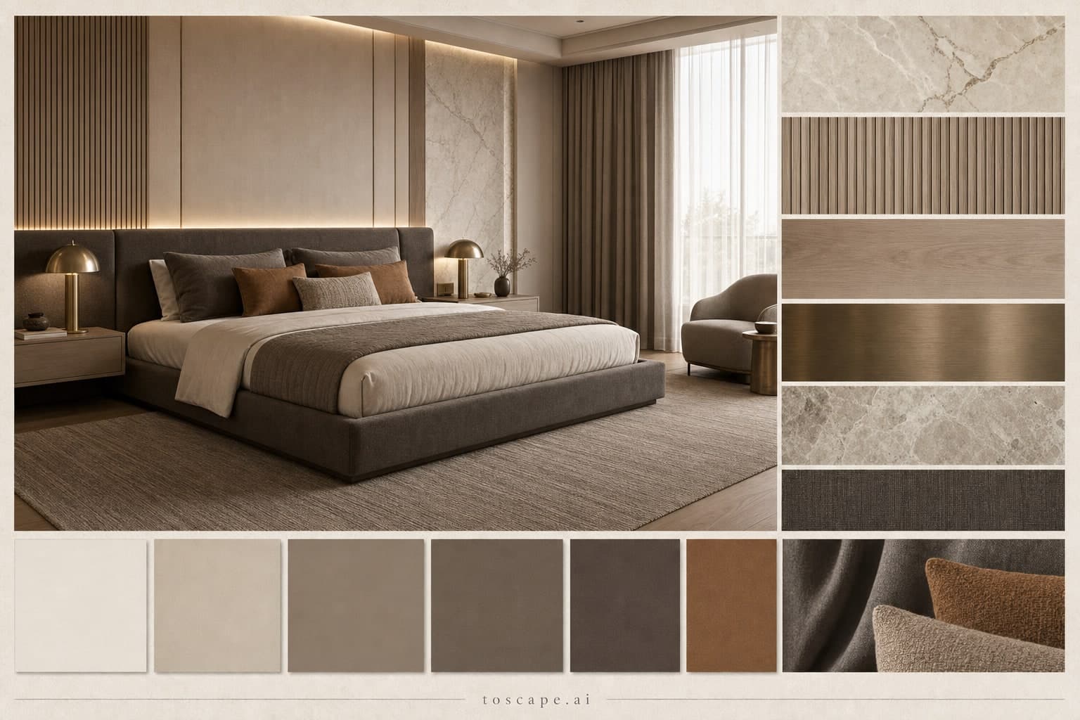 Modern Warm Neutral Bedroom — Matte interior moodboard plate