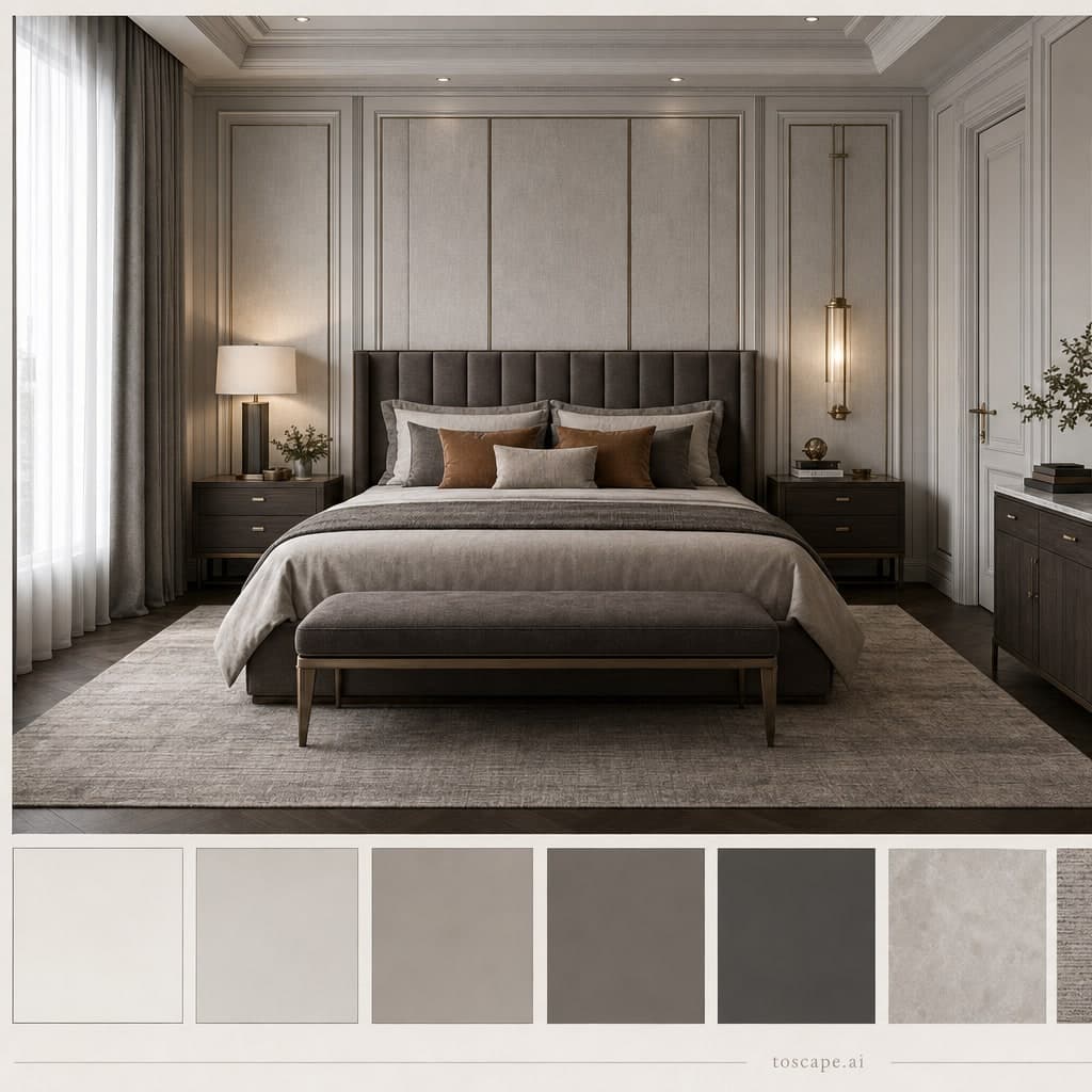 Neoclassic Cool Neutral Bedroom — Brushed Metal interior moodboard card
