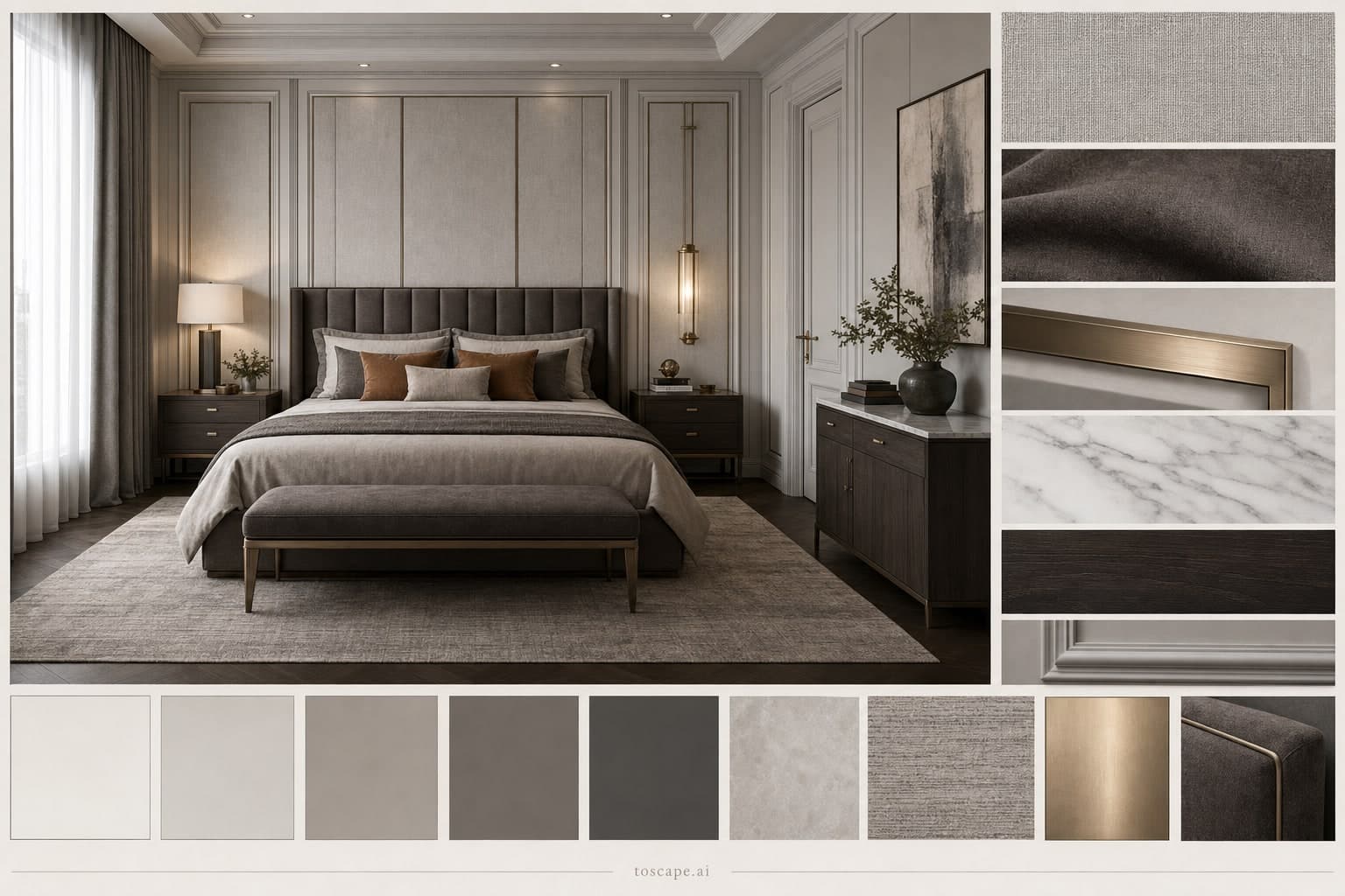 Neoclassic Cool Neutral Bedroom — Brushed Metal interior moodboard plate