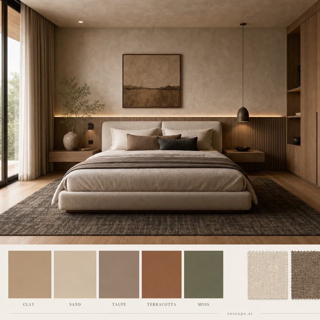 Modern Earth Organic Bedroom — Brushed Metal interior moodboard card