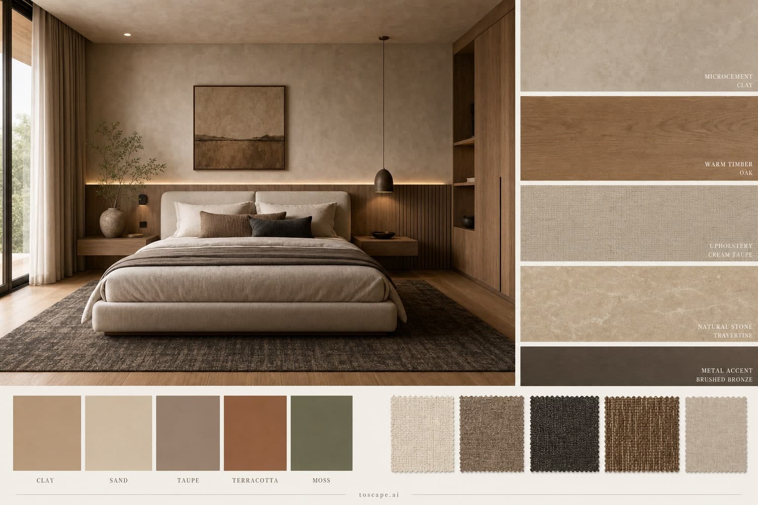 Modern Earth Organic Bedroom — Brushed Metal interior moodboard plate