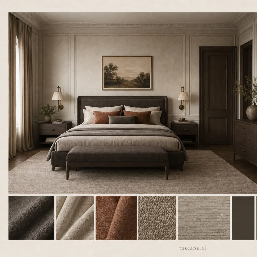 Neoclassic Earth Organic Bedroom — Brushed Metal interior moodboard card