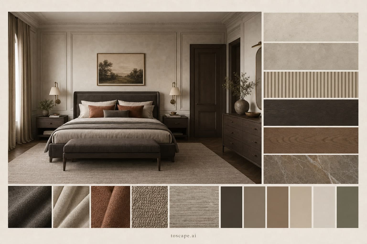 Neoclassic Earth Organic Bedroom — Brushed Metal interior moodboard plate