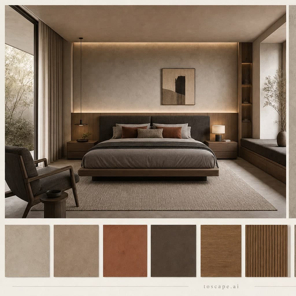 Modern Earth Organic Bedroom — Matte interior moodboard card