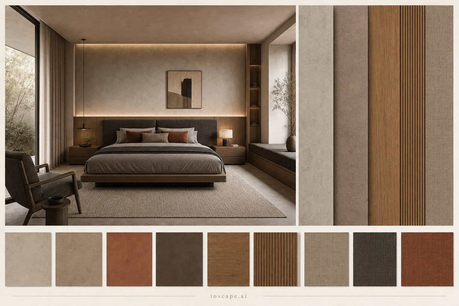 Modern Earth Organic Bedroom — Matte interior moodboard plate