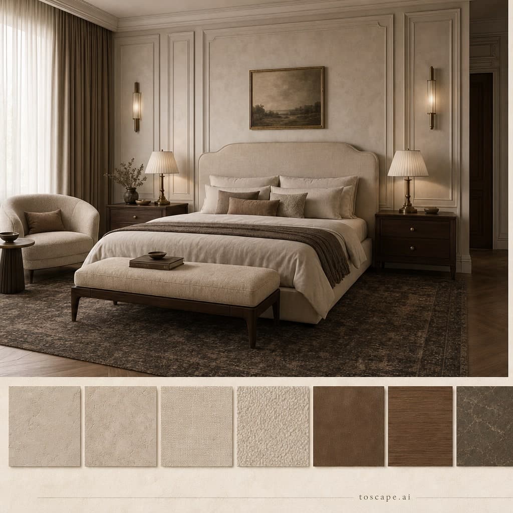 Neoclassic Earth Organic Bedroom — Honed Stone interior moodboard card
