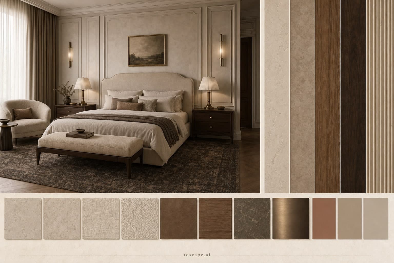 Neoclassic Earth Organic Bedroom — Honed Stone interior moodboard plate