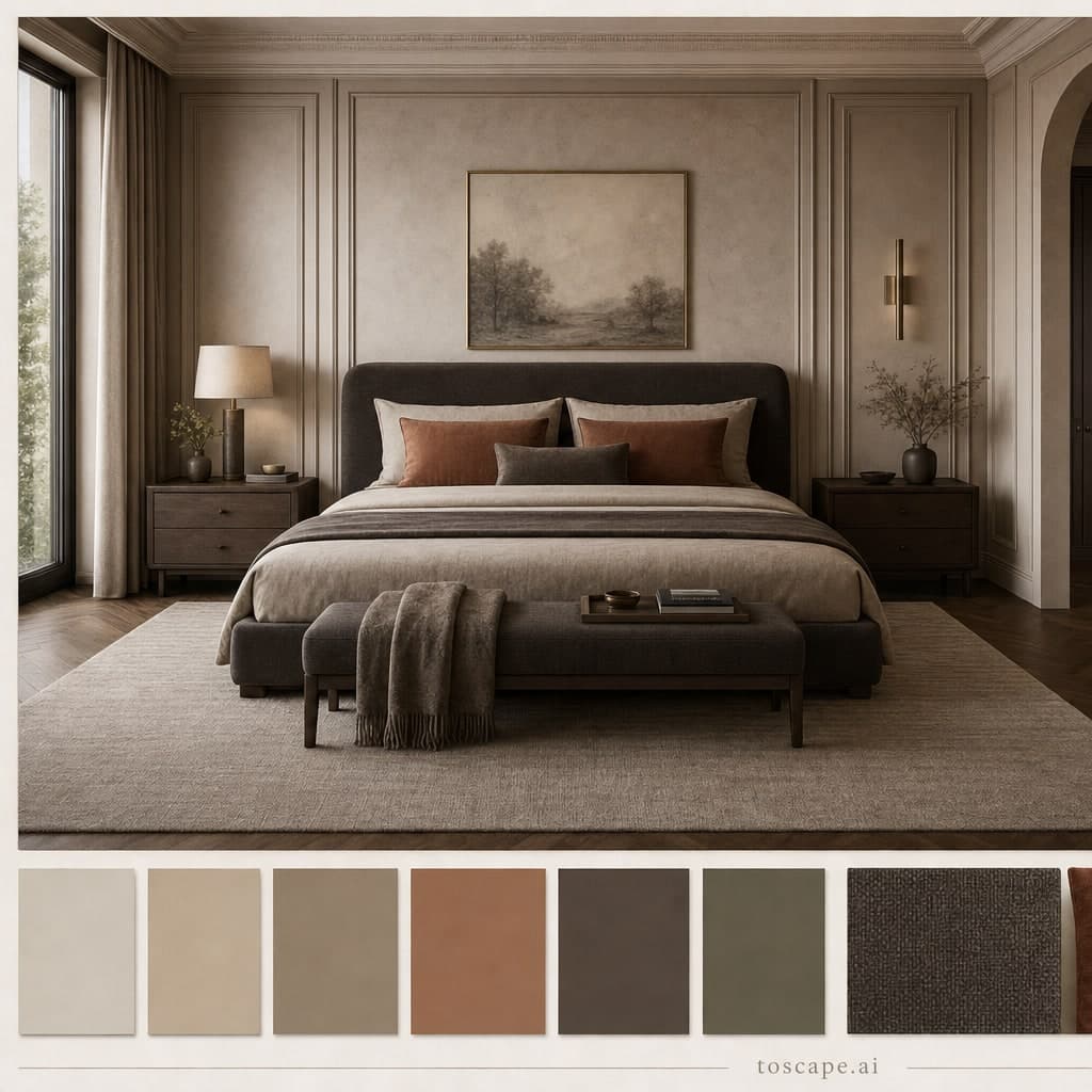 Neoclassic Earth Organic Bedroom — Brushed Metal interior moodboard card