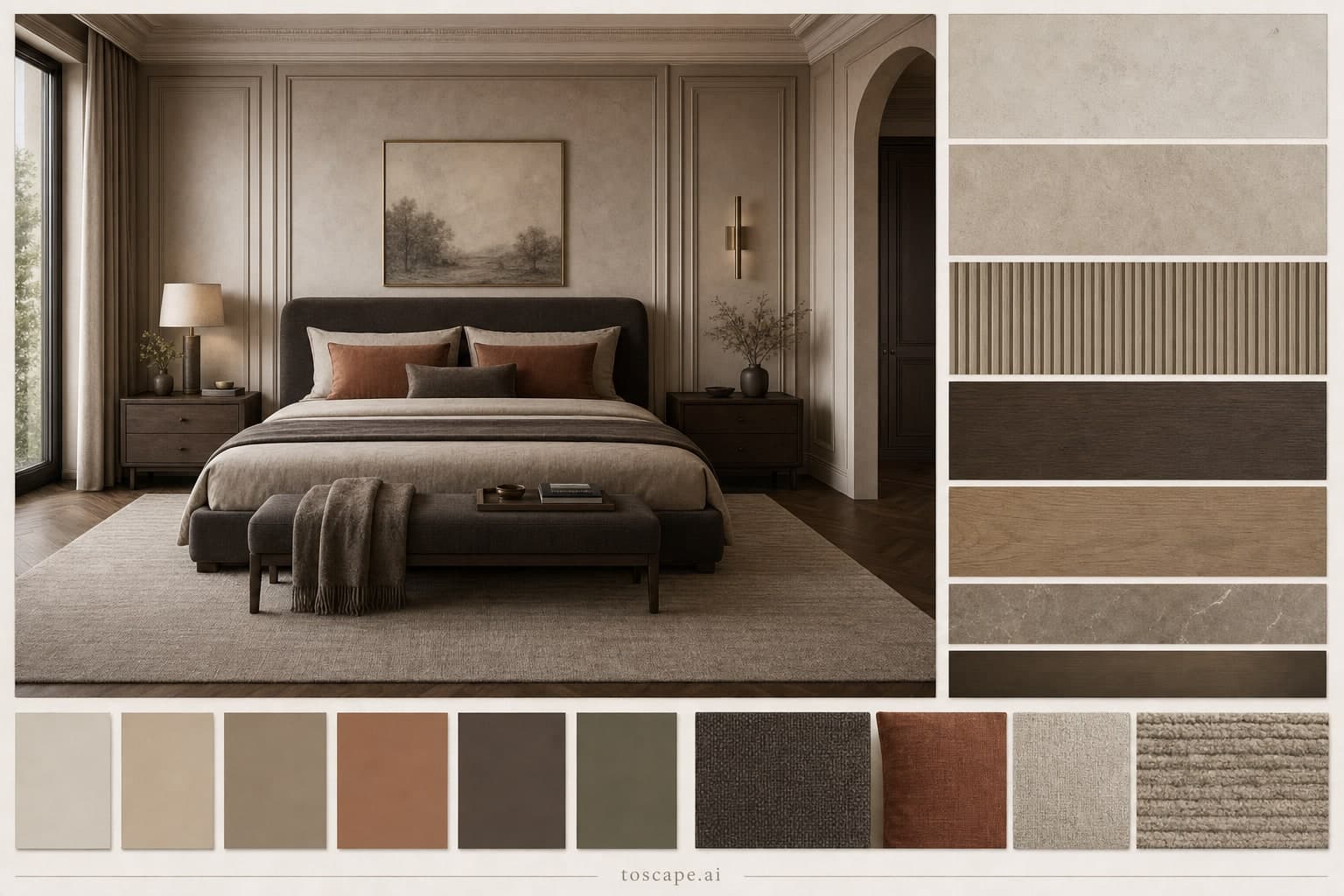Neoclassic Earth Organic Bedroom — Brushed Metal interior moodboard plate