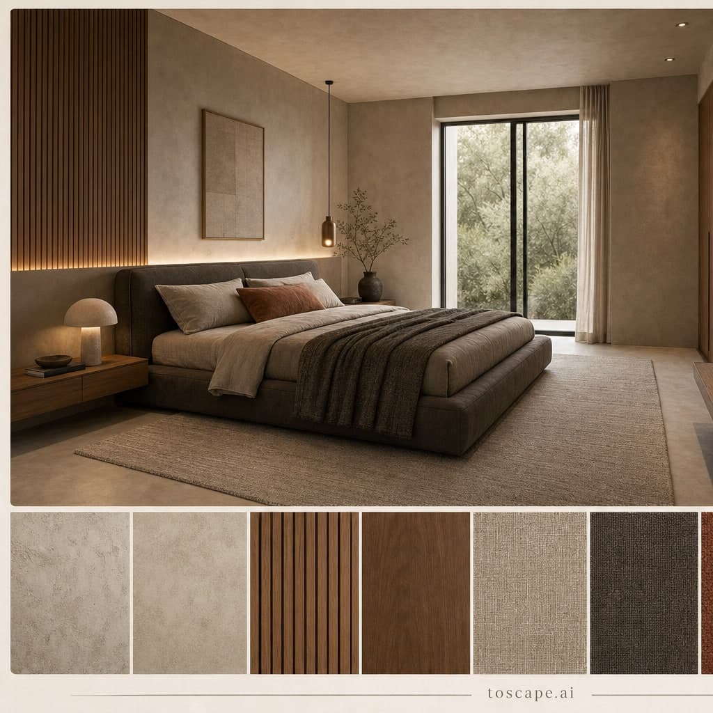 Modern Earth Organic Bedroom — Matte interior moodboard card