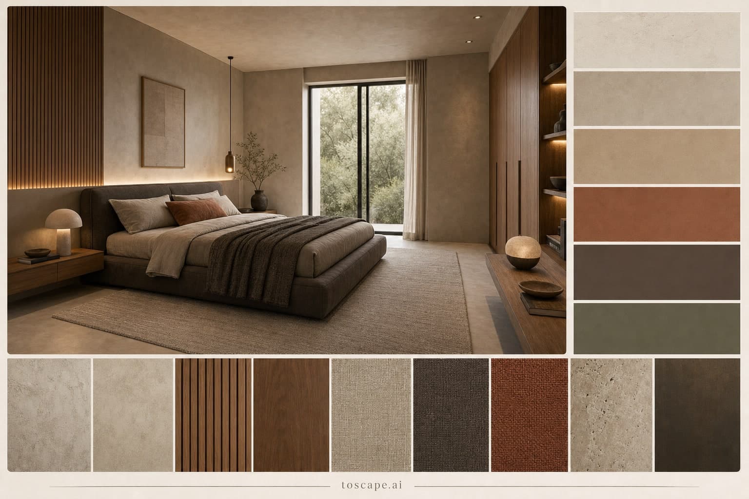 Modern Earth Organic Bedroom — Matte interior moodboard plate