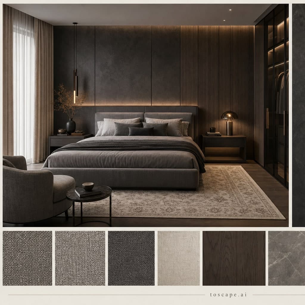Modern Dark Luxury Bedroom — Honed Stone interior moodboard card