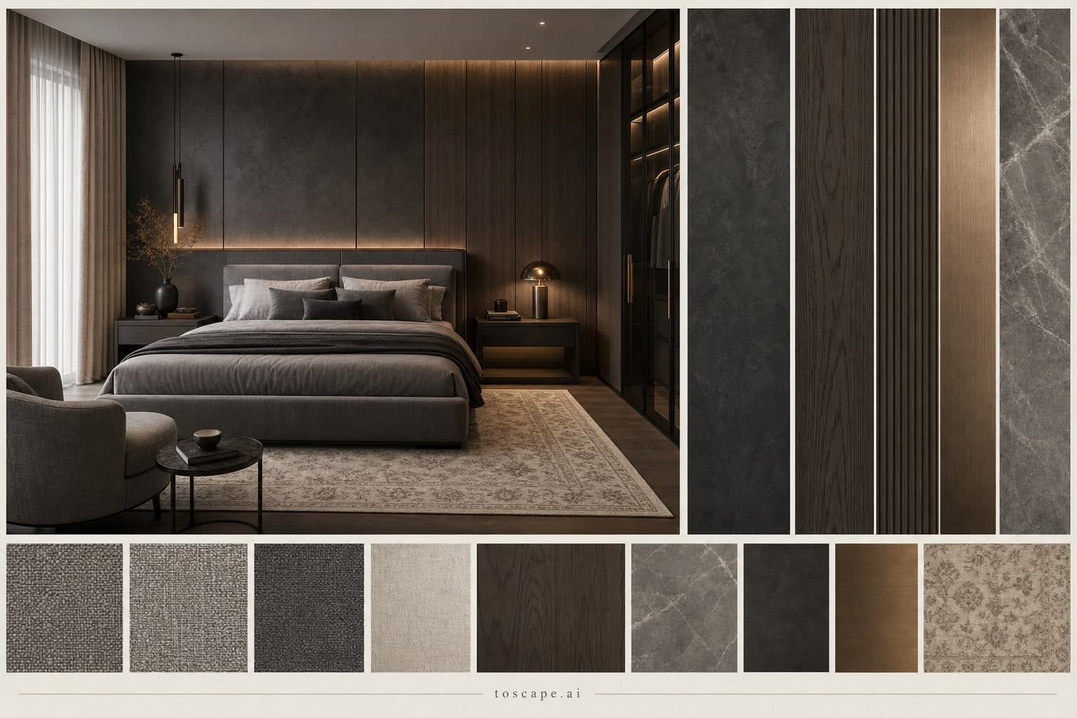 Modern Dark Luxury Bedroom — Honed Stone interior moodboard plate