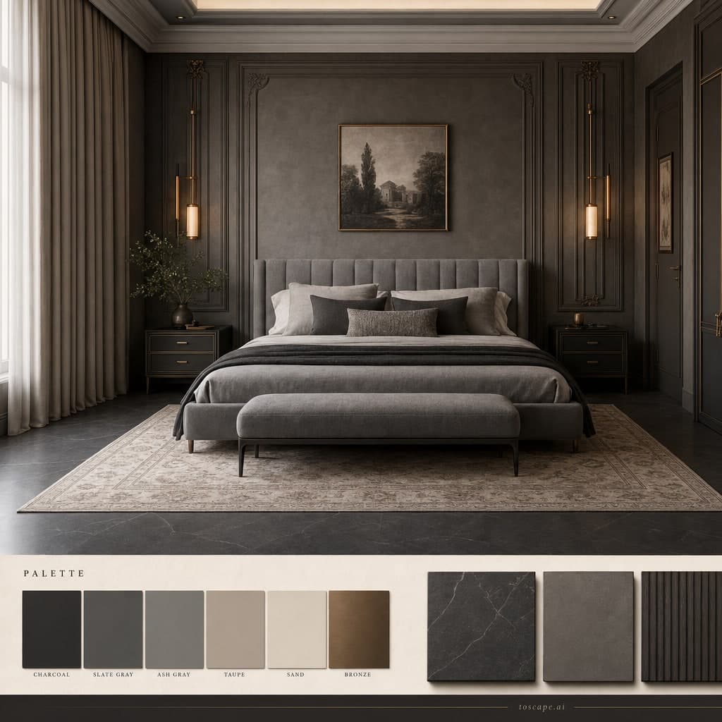 Neoclassic Dark Luxury Bedroom — Satin interior moodboard card