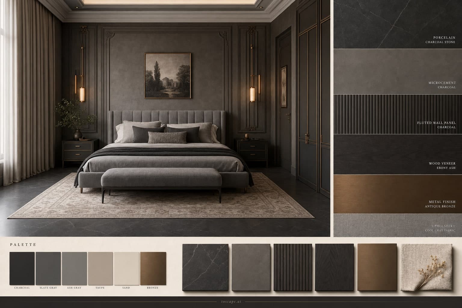 Neoclassic Dark Luxury Bedroom — Satin interior moodboard plate