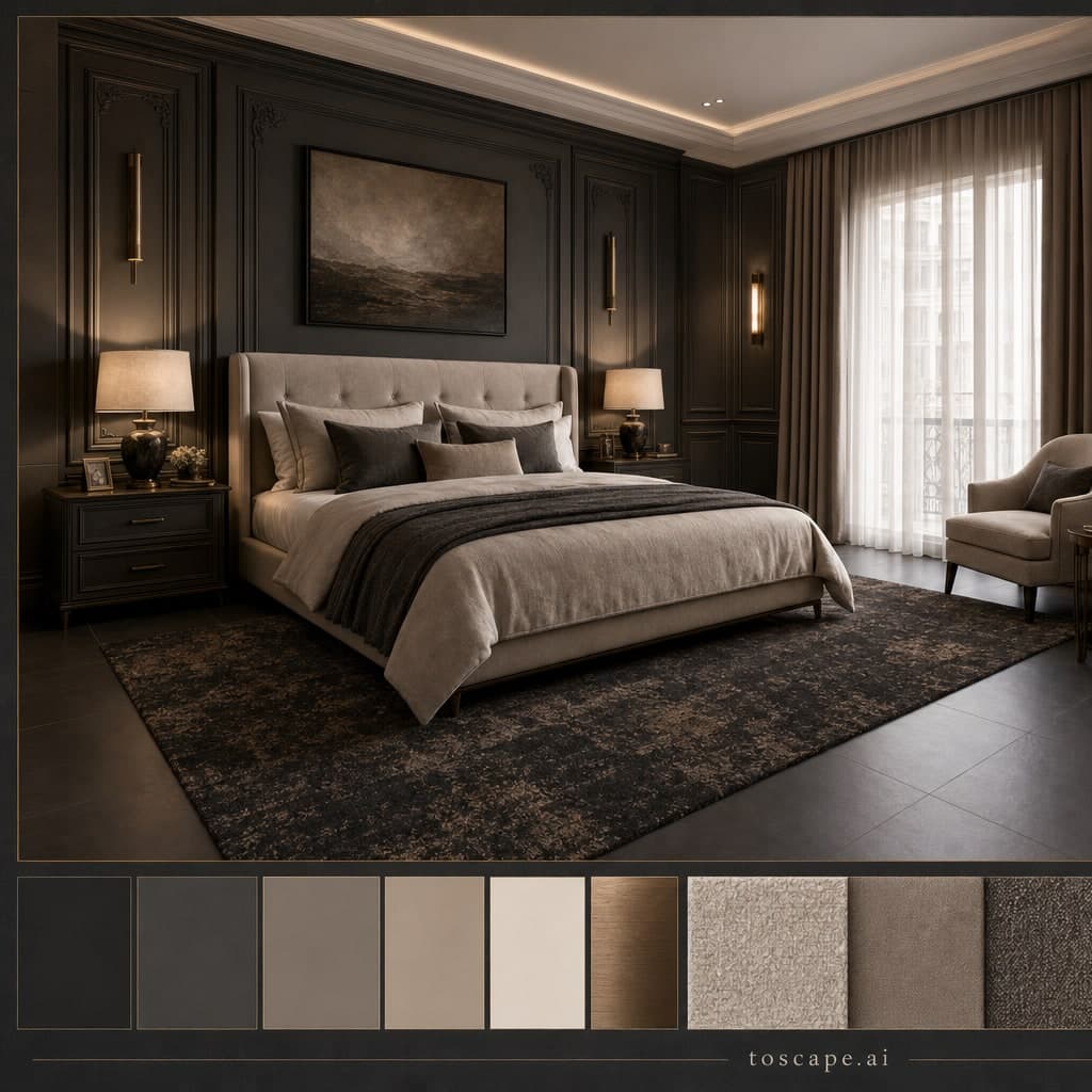 Neoclassic Dark Luxury Bedroom — Honed Stone interior moodboard card