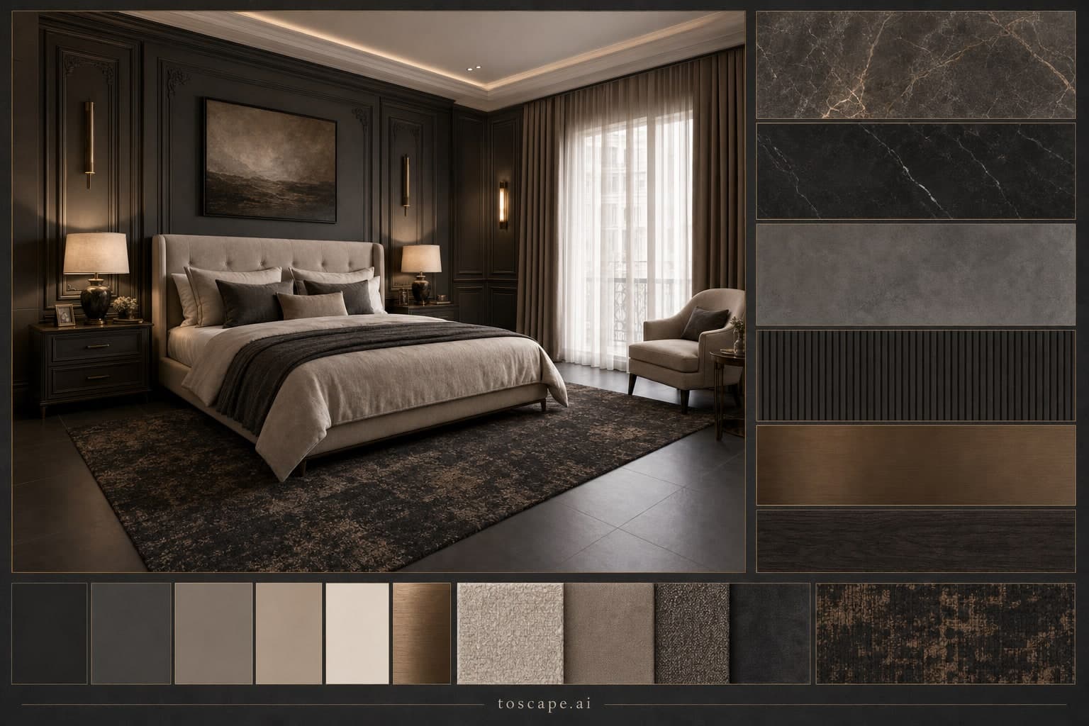 Neoclassic Dark Luxury Bedroom — Honed Stone interior moodboard plate