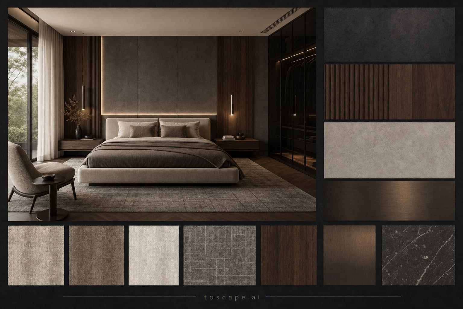 Modern Dark Luxury Bedroom — Satin interior moodboard plate