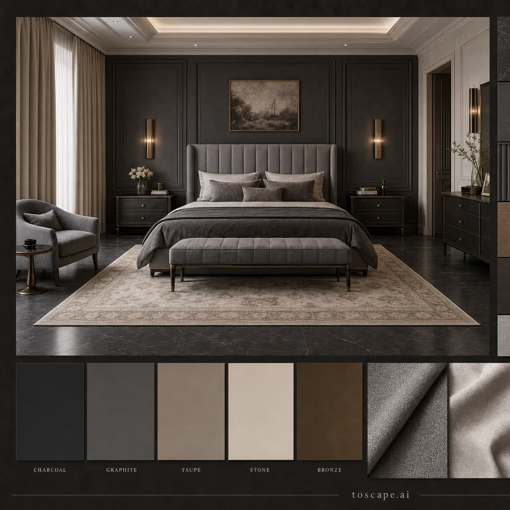 Neoclassic Dark Luxury Bedroom — Satin interior moodboard card