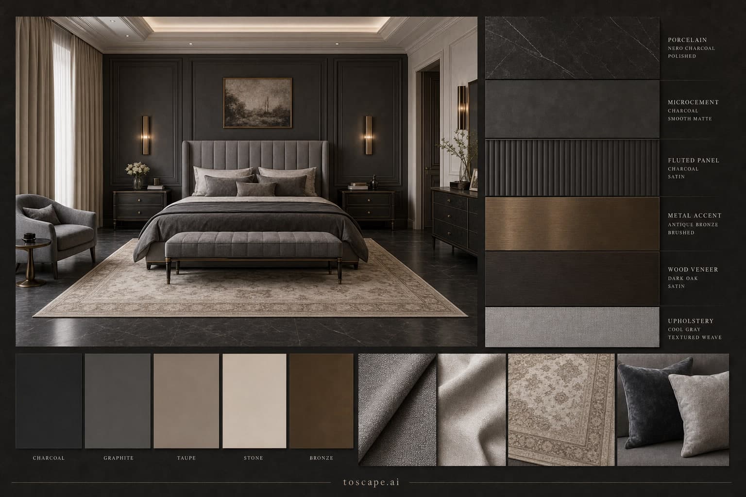 Neoclassic Dark Luxury Bedroom — Satin interior moodboard plate