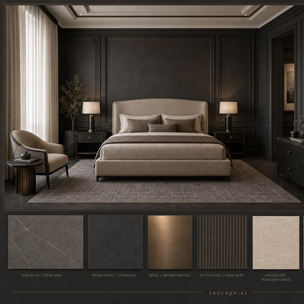 Neoclassic Dark Luxury Bedroom — Matte interior moodboard card