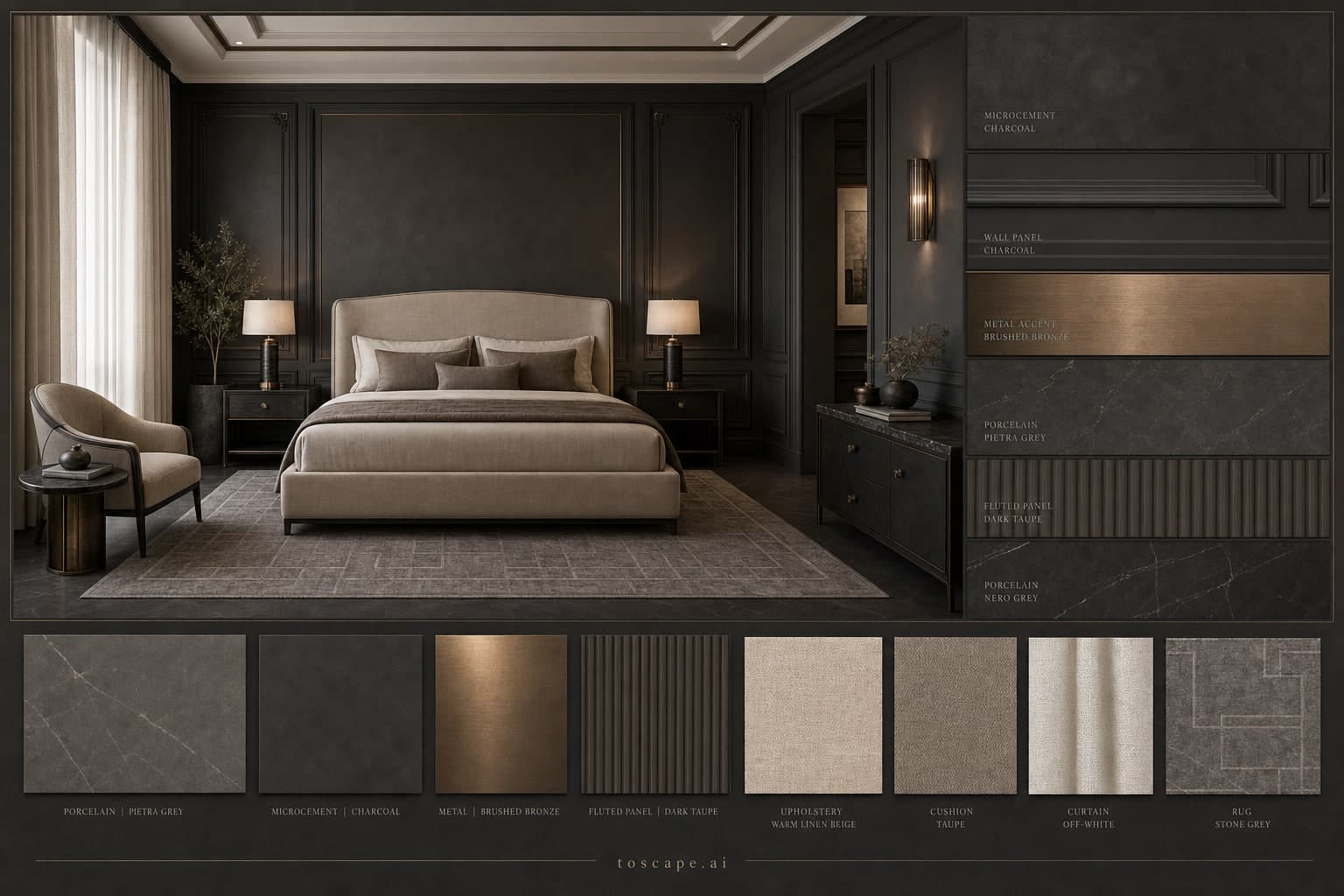 Neoclassic Dark Luxury Bedroom — Matte interior moodboard plate