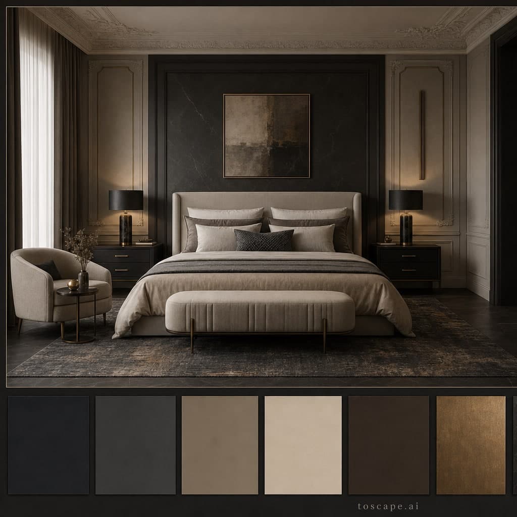 Neoclassic Dark Luxury Bedroom — Honed Stone interior moodboard card