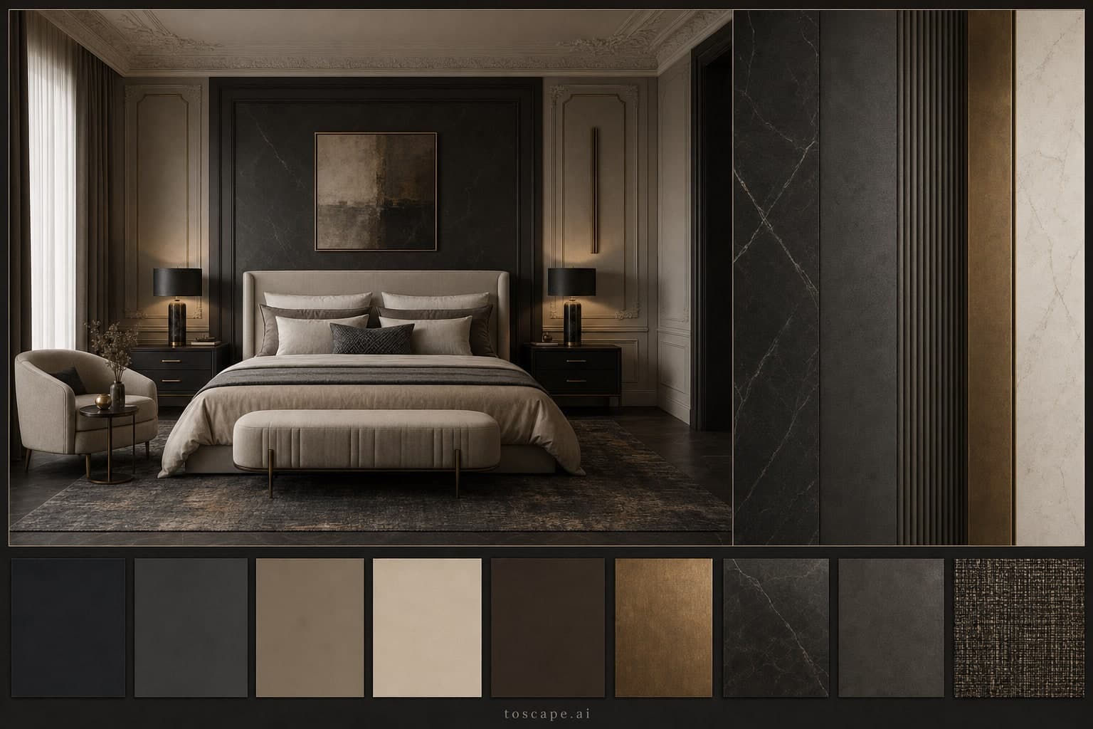 Neoclassic Dark Luxury Bedroom — Honed Stone interior moodboard plate