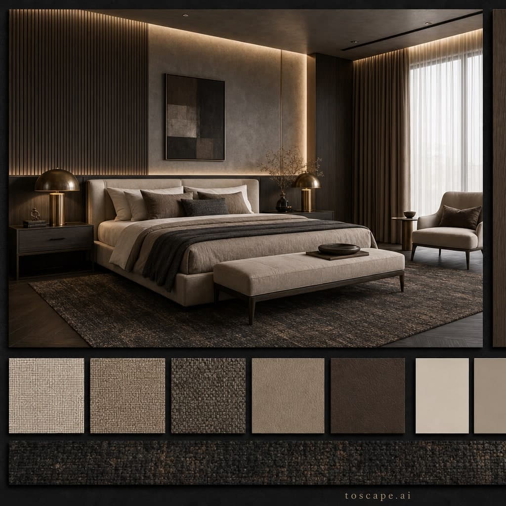 Modern Dark Luxury Bedroom — Brushed Metal interior moodboard card