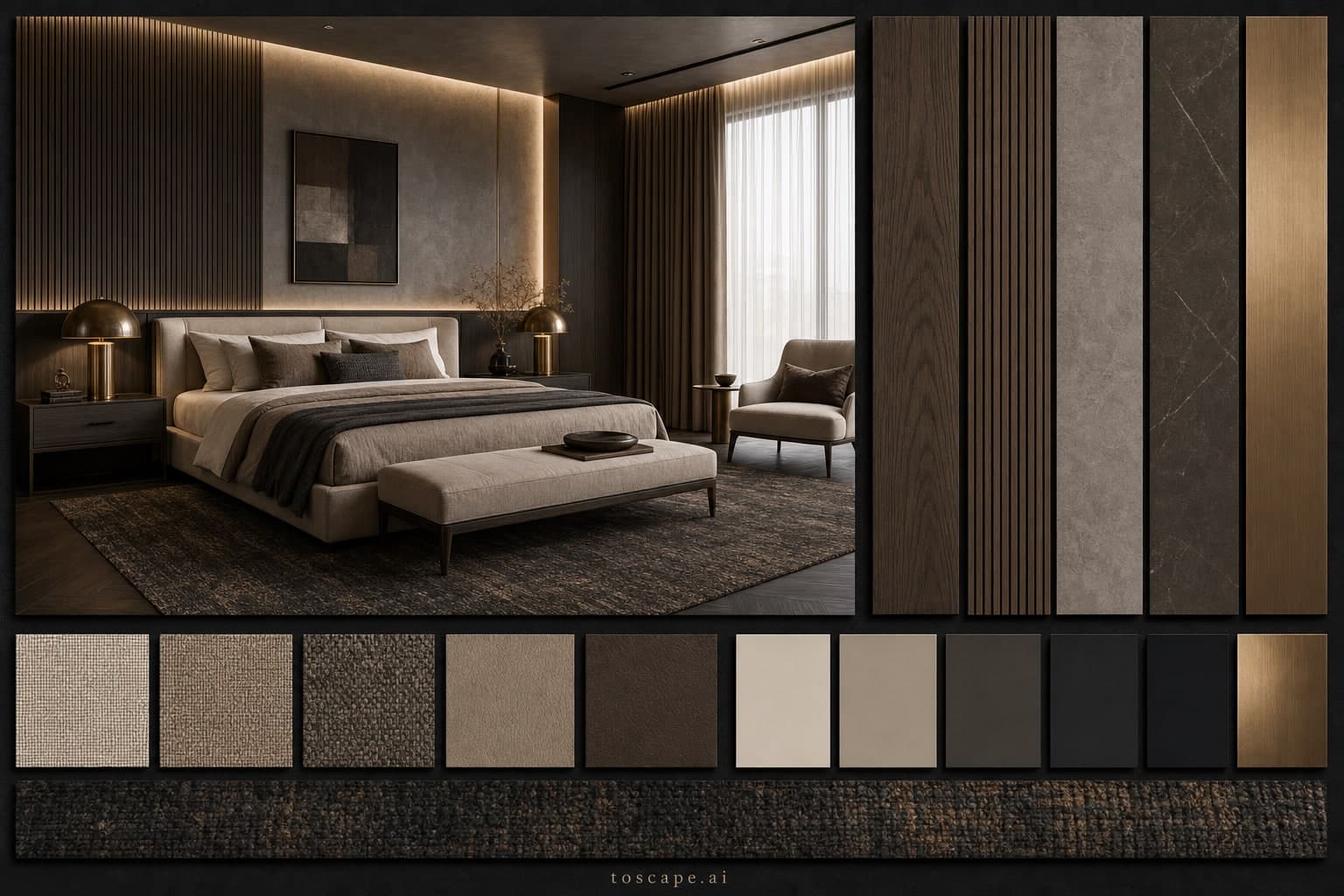 Modern Dark Luxury Bedroom — Brushed Metal interior moodboard plate