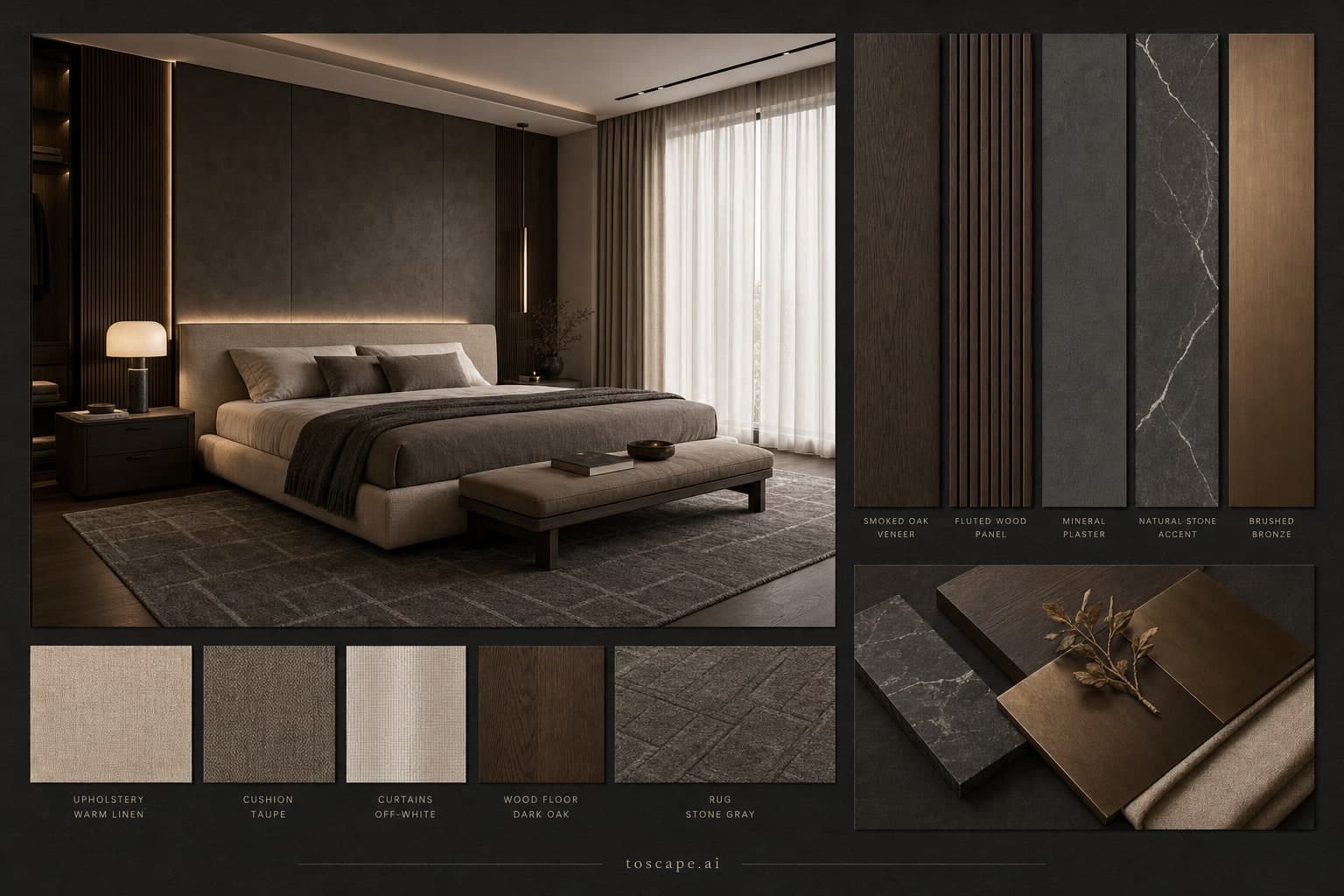 Modern Dark Luxury Bedroom — Satin interior moodboard plate