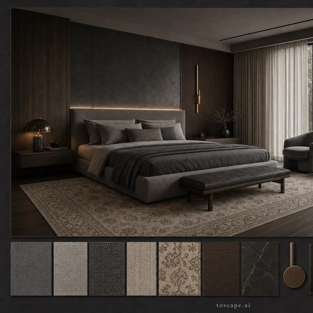 Modern Dark Luxury Bedroom — Honed Stone interior moodboard card