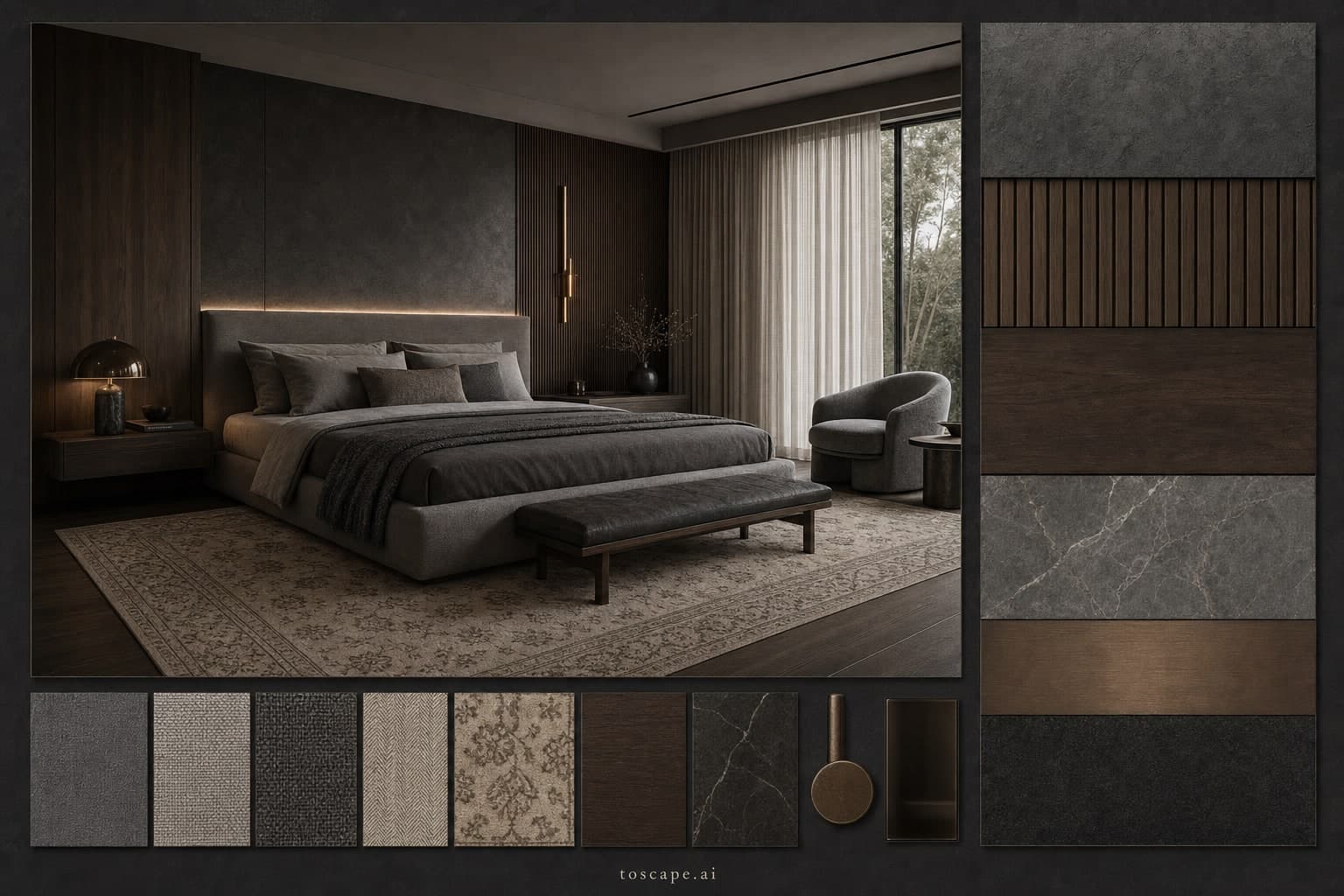 Modern Dark Luxury Bedroom — Honed Stone interior moodboard plate