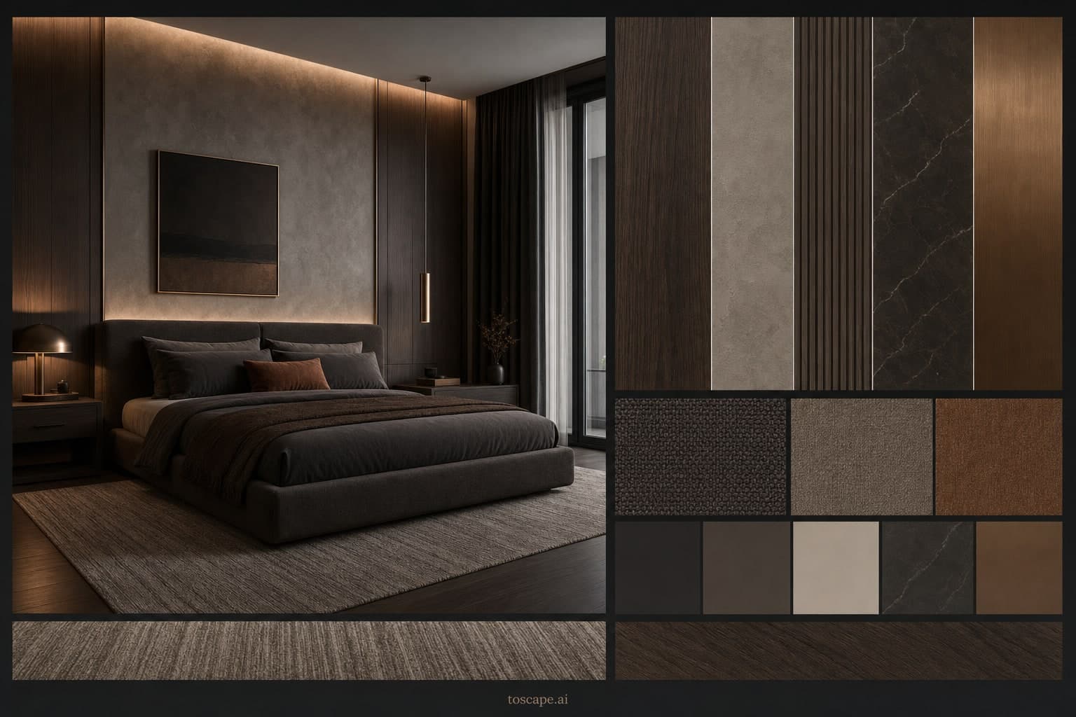 Modern Dark Luxury Bedroom — Matte interior moodboard plate