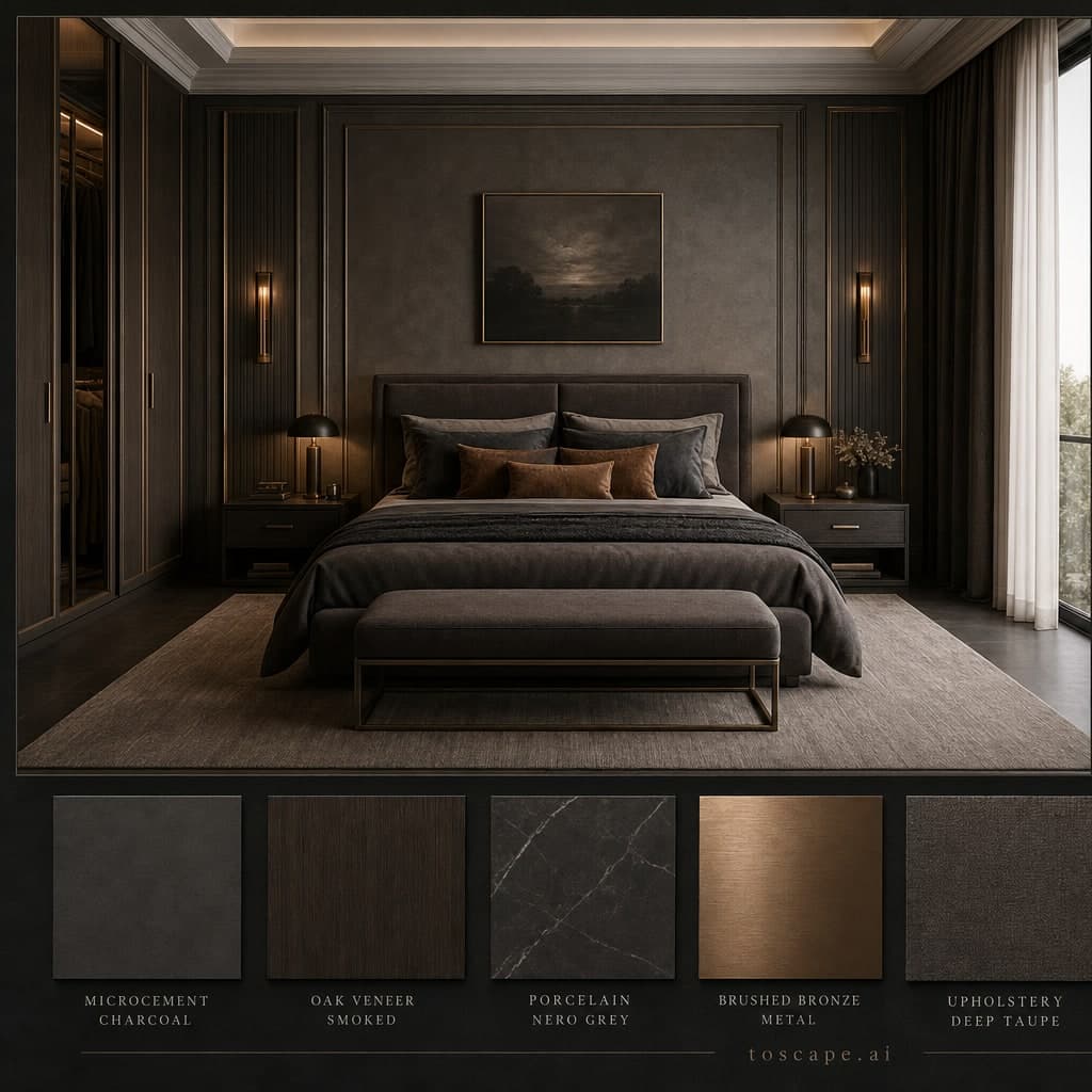 Neoclassic Dark Luxury Bedroom — Brushed Metal interior moodboard card