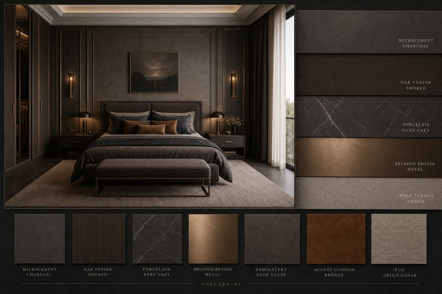 Neoclassic Dark Luxury Bedroom — Brushed Metal interior moodboard plate