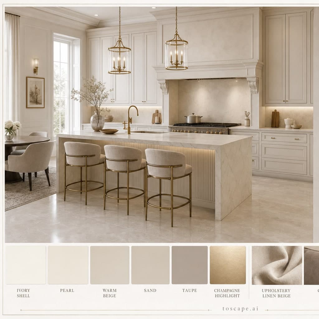 Neoclassic Light Luxury Kitchen — Satin interior moodboard card