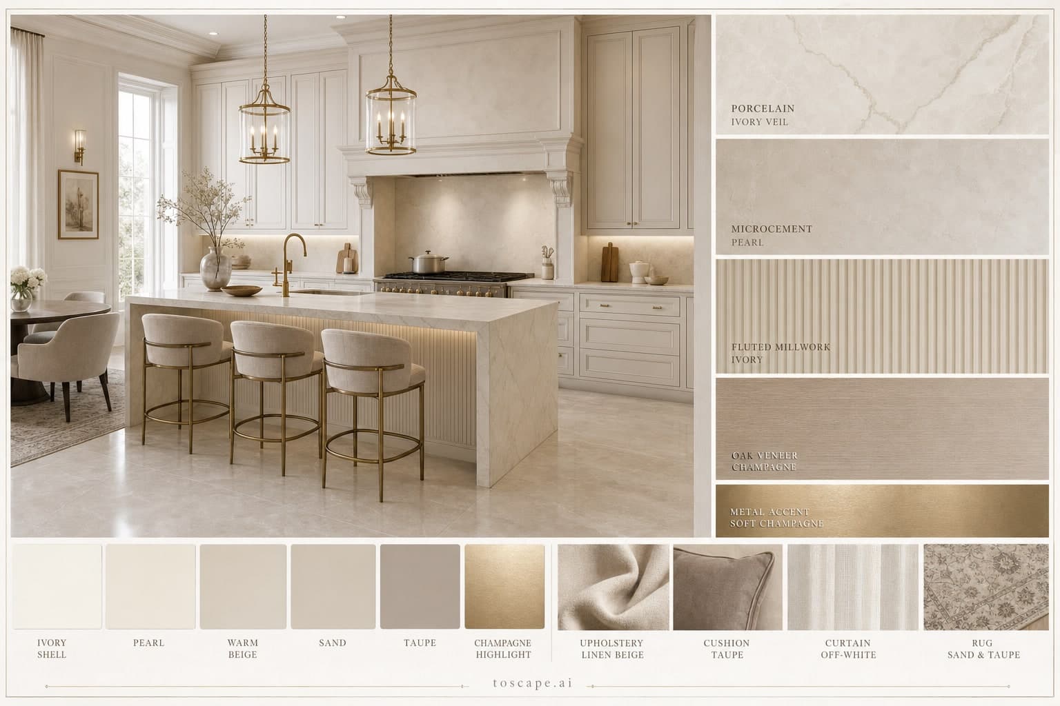 Neoclassic Light Luxury Kitchen — Satin interior moodboard plate