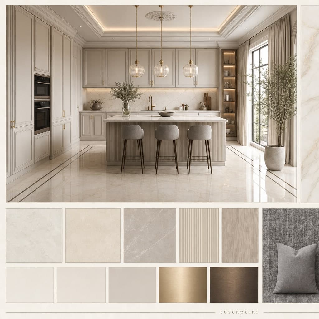 Neoclassic Light Luxury Kitchen — Honed Stone interior moodboard card