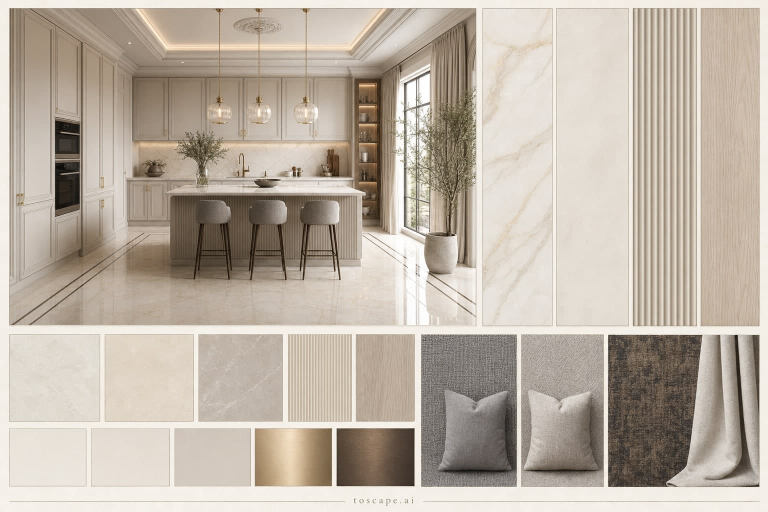 Neoclassic Light Luxury Kitchen — Honed Stone interior moodboard plate